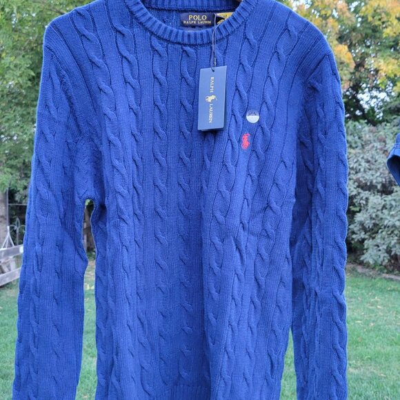 Authentic Blue Polo Ralph Lauren Cable Knit Sweater with Red Pony Size Small - Picture 1 of 13
